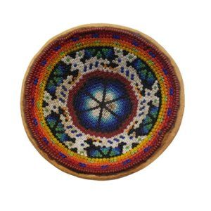 Vintage Huichol Seed Bead Gourd Bowl